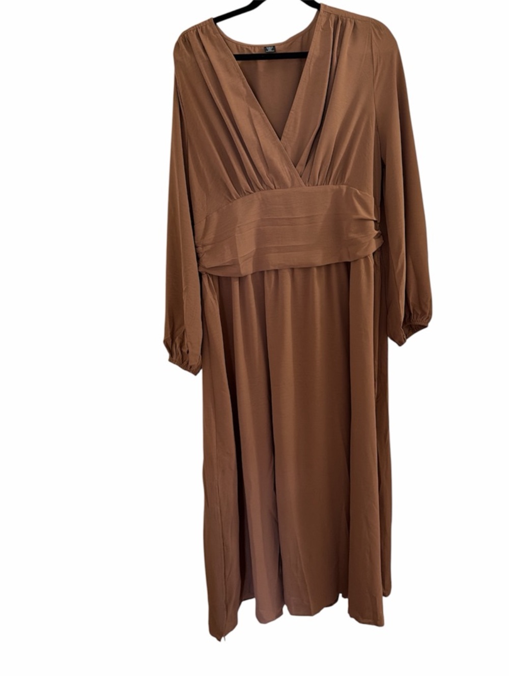 🆕SHEIN V-Neck Ruched Waist Lantern Sleeve Side Split Hem Elegant Dress - Picture 5 of 9